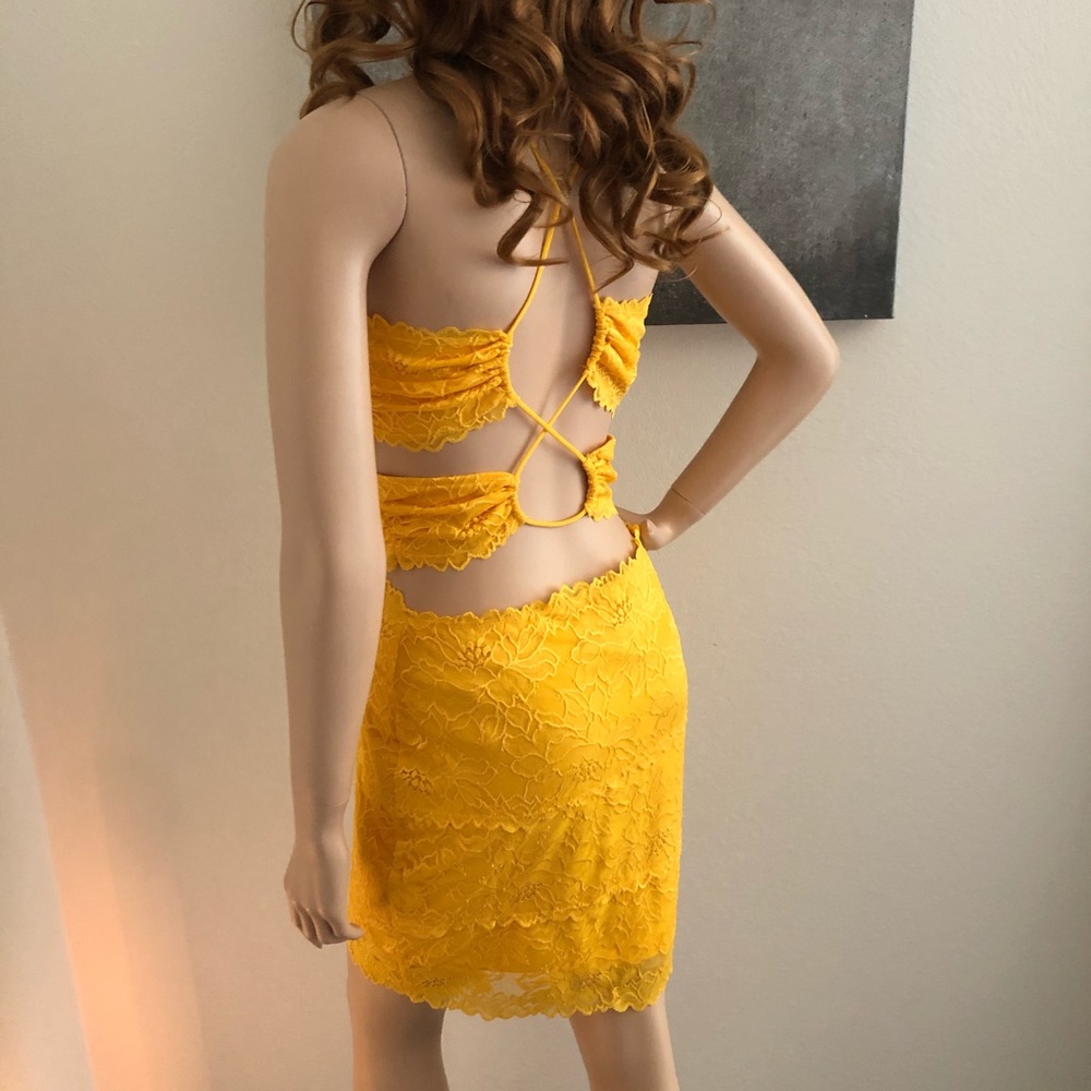 Guess Yellow Sleeveless Lace Cut Out Mini Dress